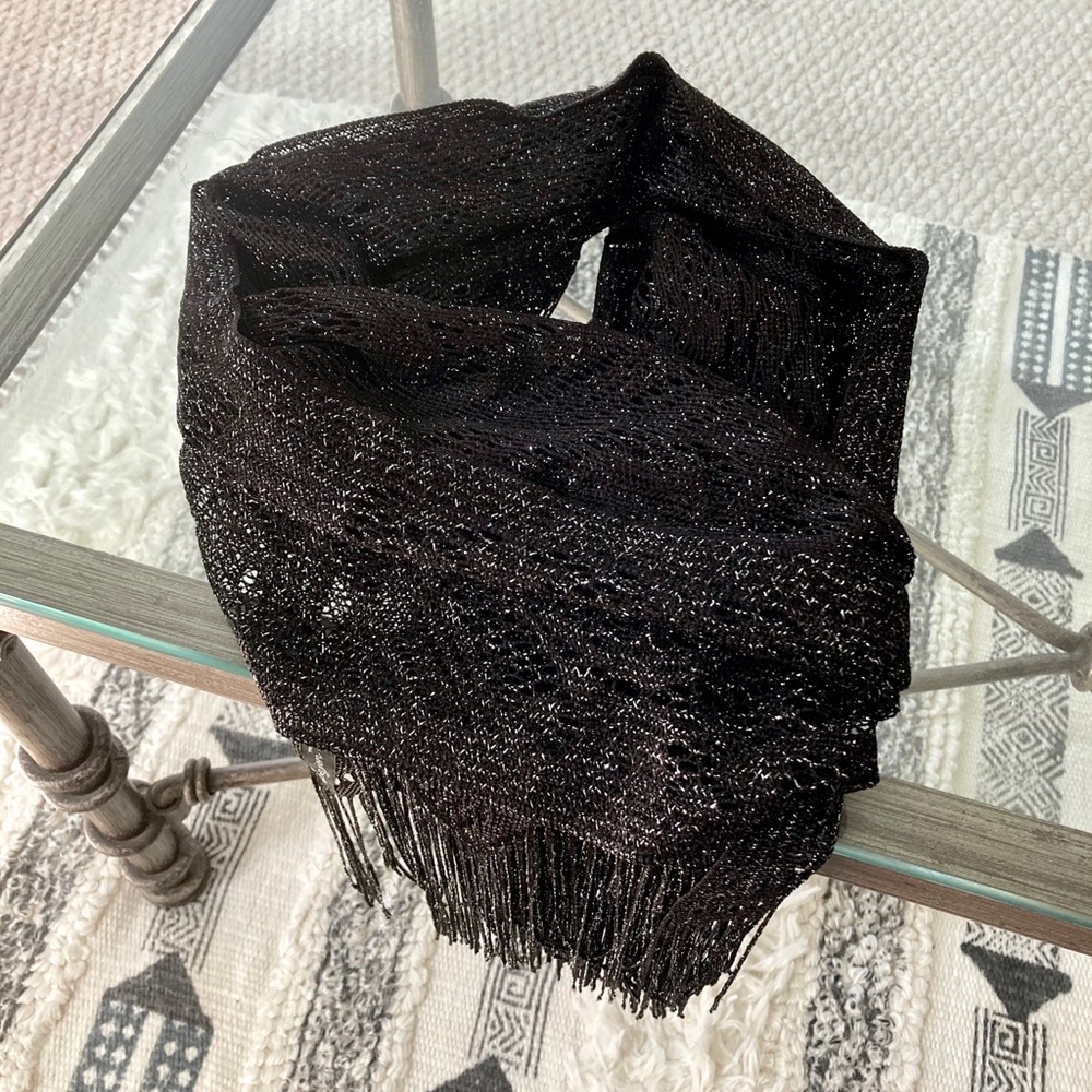 Black Lace Metalic Fringed Scarf